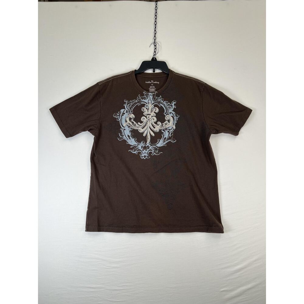 Malibu Cowboy Shirt Mens XL Brown Western Fleur-de-Lis Graphic Tee T-Shirt